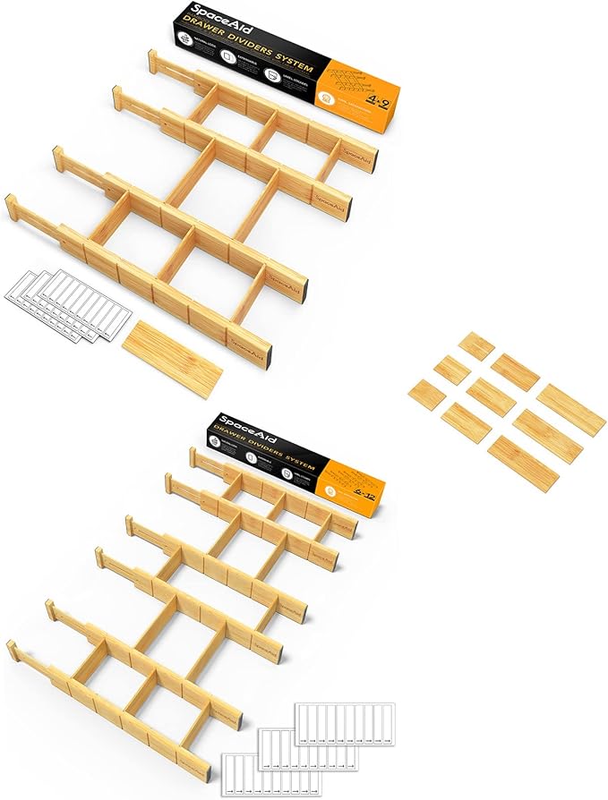 SpaceAid Bamboo Drawer Organizers with Labels, 4 Dividers with 9 Inserts (17-22 in), 6 Dividers with 12 Inserts (17-22 in)
