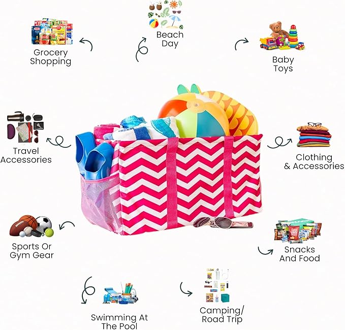 Extra Large Utility Tote Bag, Oversized Collapsible Reusable Wire Frame Rectangular Canvas Basket With Two Exterior Pockets For Beach, Pool, Laundry, Car Trunk, Storage - Chevron Pink