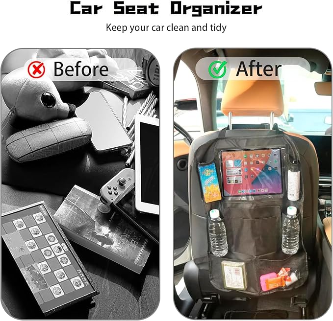 Back Seat Car Organizer, Car Organizers Bag with Touch Screen Tablet Holder 10 Storage Pockets for Kids Toddlers Car Seats, Travel Accessories,Road Trip Essentials Black