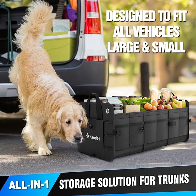 K KNODEL Car Trunk Organizer, Foldable Cover, Heavy Duty Collapsible Truck Storage Organizer, Car Cargo Trunk Organizer with Li