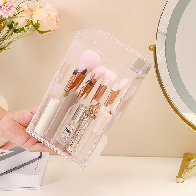 Acrylic Makeup Brush Holder with Slanted Flip-Top Lid - Clear Dustproof Cosmetic Make up Brush Organizer and Storage Box - La