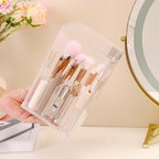 Acrylic Makeup Brush Holder with Slanted Flip-Top Lid - Clear Dustproof Cosmetic Make up Brush Organizer and Storage Box - La