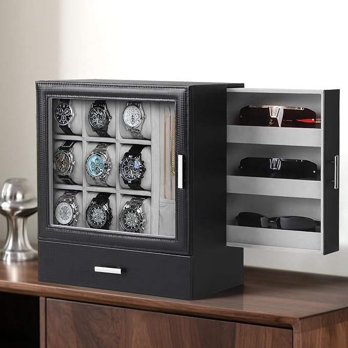 9-Slot Watch Display Case with Necklace Display, High End Men Jewelry Box w/ Drawer, Standing Watch Box for Men w/ Clear Lid,