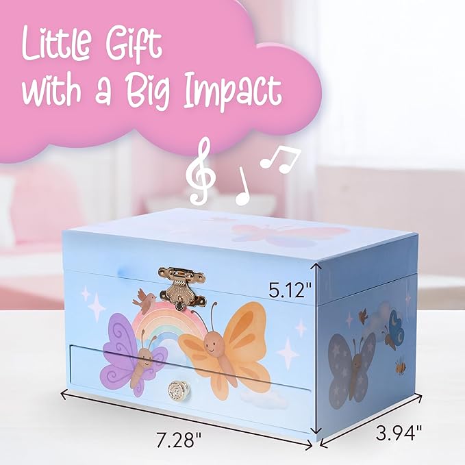 The Memory Building Co Butterfly Musical Jewelry Box Plays Classic Melody, Storage Organizer Music Box for Kids Ages 6-12, MD
