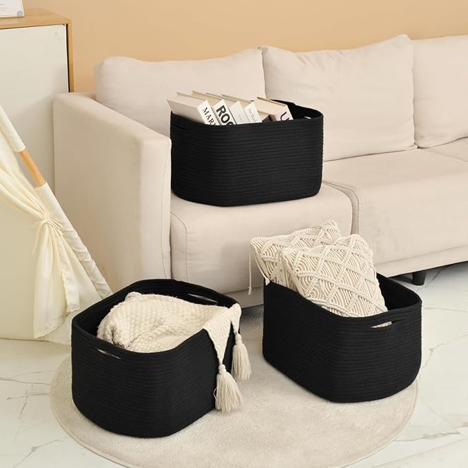 ICERZCZ Large Storage Baskets for Organizing Shelves, Woven Cotton Rope Bins for Baby Nursery Organization, Book Toy Towel Or