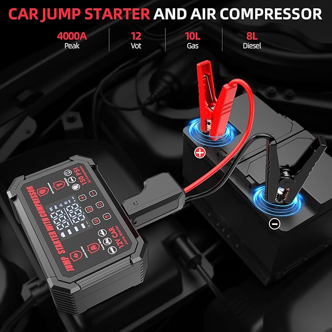 Jump Starter with Air Compressor, 4000A Peak Portable Car Battery Jumper Starter with 150PSI Auto-Shutoff Tire Inflator, 12V
