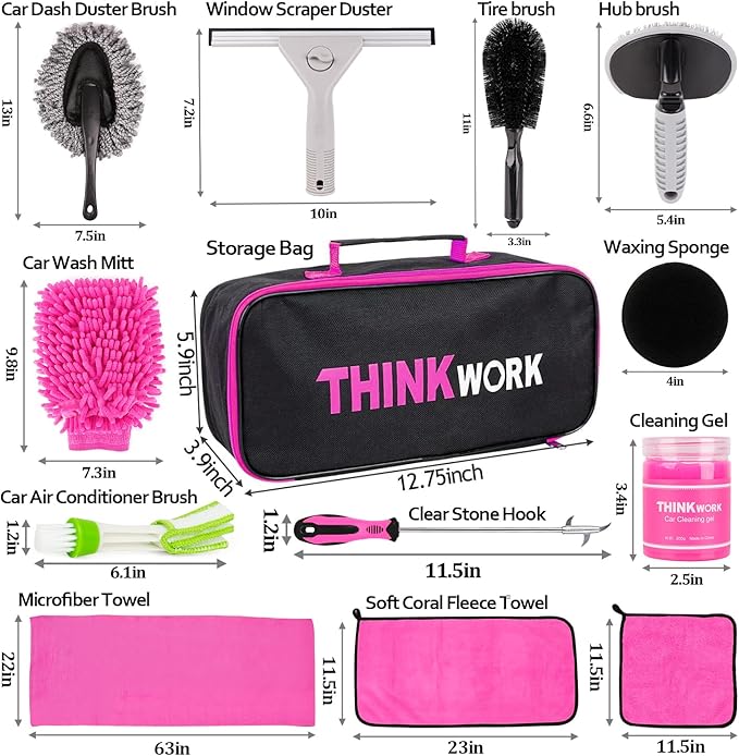 THINKWORK Pink Car Detailing Cleaning Kit, Car Wash Kit, Car Accessories for Women Suitable for Small and Medium Vehicles Suc