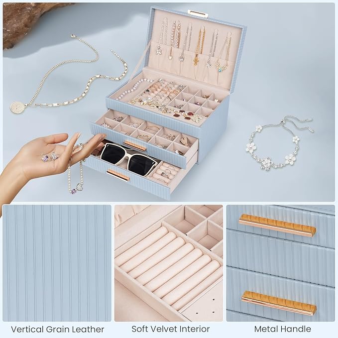 Dajasan Jewelry Box Organizer, 3-Tier Jewelry Storage with 2 Drawers, Large Jewelry Boxes for Women, PU Leather Surface with 