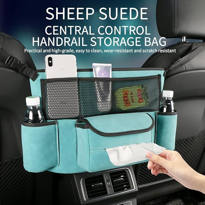 JEYODA Car Handbag Holder Between Seats Suede Large Capacity Car Purse Holder Automotive Consoles & Organizers for Document Phone Storage Car Accessories Interior (1925-style 2 blue)