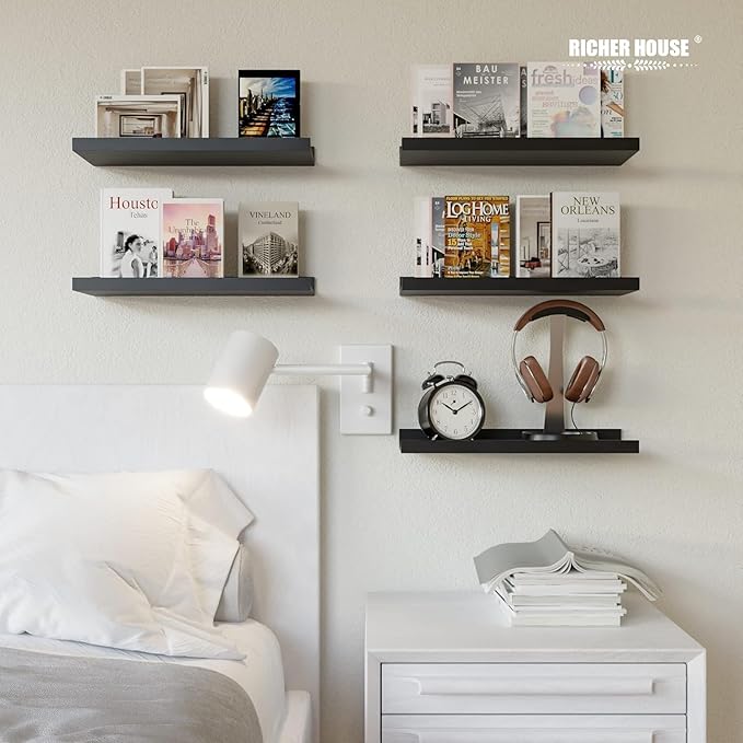 RICHER HOUSE 5 Set Floating Wall Mounted Shelves, Black Shelves for Wall Decor, Modern Picture Ledge Shelf with Lip for Stora