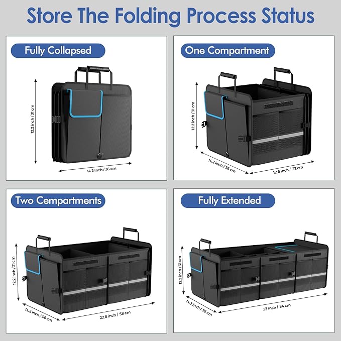 MEI&CO Car Trunk Organizer - 2.5mm PP Board Built, 35L Leakproof Cooler, 105L Capacity, 2 Tie-Down Straps, 4 Adjustable Divide