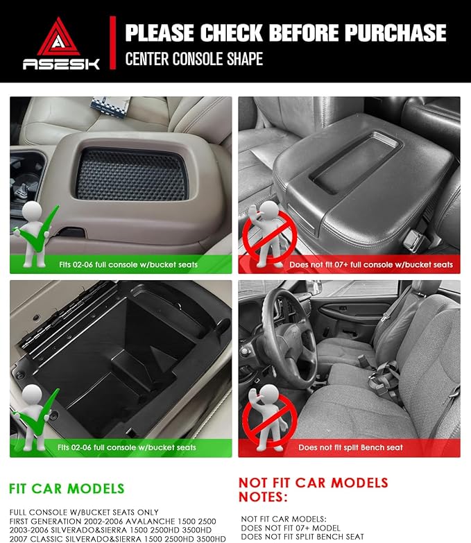 for Center Console Armrest Organizer Tray Compatible with 2003-2007 Classic Silverado/Sierra 1500/2500HD/3500HD & 2002-2006 Avalanche – Full Console w/Bucket Seats Only