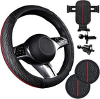 CAR PASS Leather Rubber Steering Wheel Cover Set,Tire Tread Pattern Design,Non-Slip Wear-Resistant,Equipped with Mobile Phone Holder and Non-Slip Cup Mat,Suitable for Steering Wheel 14.5-15”Black Red