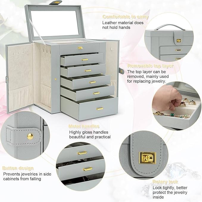 AKOZLIN Extra Large 6-Tier Jewelry Box Organizer Functional Huge, 5 Drawers Leather Jewelry Storage Case for Women Girls Ring