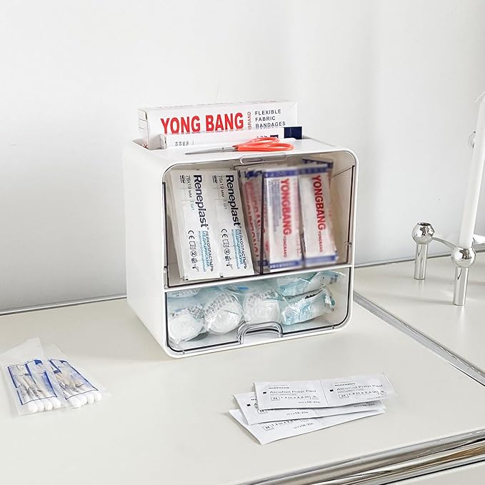 Bandages Storage Organizer for Wall, Plastic Medical Supplies Container for Home Medicine Cabinet, White Storage Box for Cott
