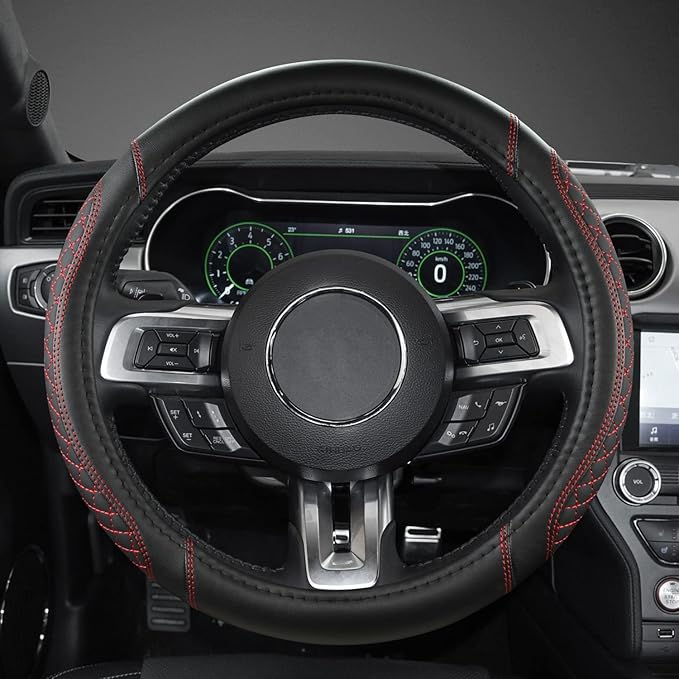 West Llama Car Steering Wheel Cover for Ford Escape,Explorer,Fusion,Focus,Bronco,Transit,Edge(Diamond Quilted - Black+Red- St