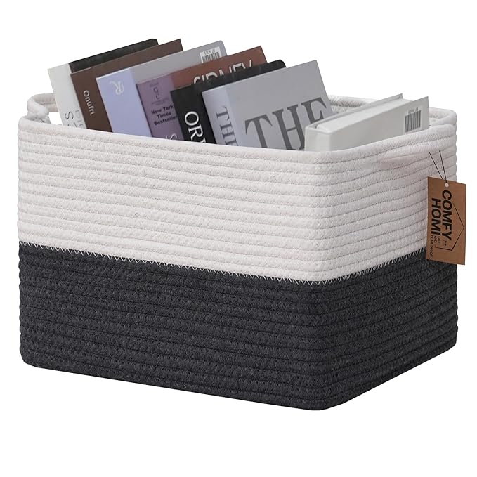 COMFY-HOMI Cotton Rope Woven Basket with Handles for Shelves,Toys,Book, Cloth Storage Baskets Bin for Organizing-13.5"x11"x9.