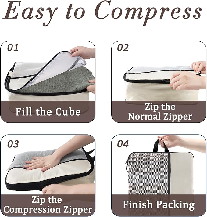 U+U 4 Set Compression Packing Cubes - Ultralight Cream Travel Organizers, Space-Saving Suitcase Organizer, Expandable Packing