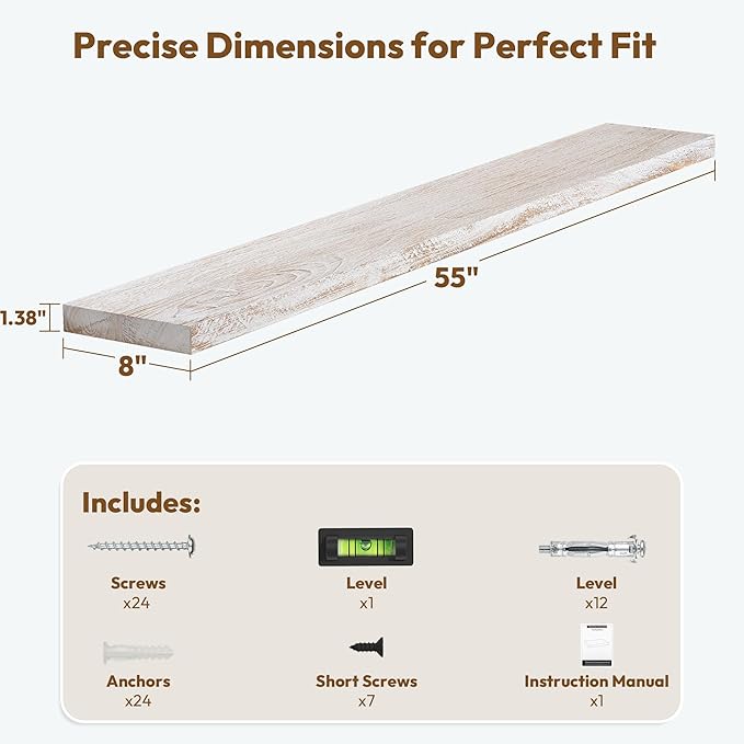 Vivelove Elm Wood Floating Shelves, Wooden Shelves for Wall with Invisible Bracket for Living Room Bedroom Bathroom Office Bo