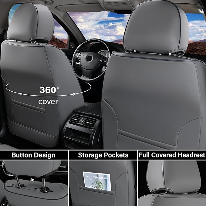 Coverado Car Seat Covers Full Set, Gray Car Seat Cover, Seat Covers for Cars, Waterproof Car Seat Protector, 5 Pieces Nappa C