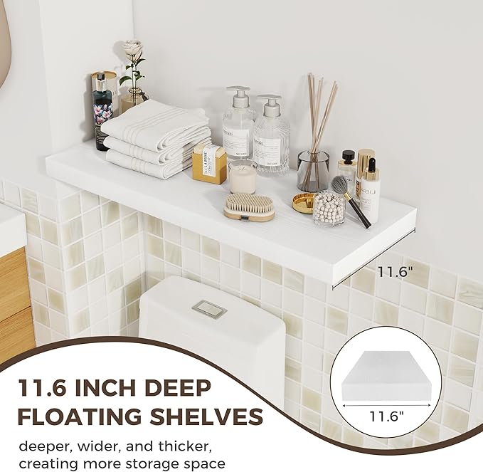 Fun Memories Deep Floating Shelves, 32W x 12D White Wall Shelves, 32 Long Rustic Wood Wide Storage Shelves for Bedroom, Kitch