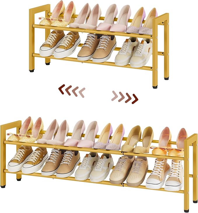 FAVOOSTY 2-Tier Expandable Shoe Rack, Adjustable Shoe Shelf Storage Organizer Space Saving Metal Free Standing Shoe Rack for 