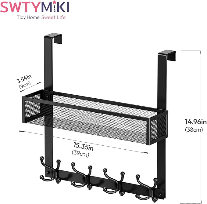 SWTYMIKI Over The Door Hook with 16 Hooks & Mesh Baskets - Heavy Duty Over The Door Organizer Hanger for Towels, Coats, Cloth