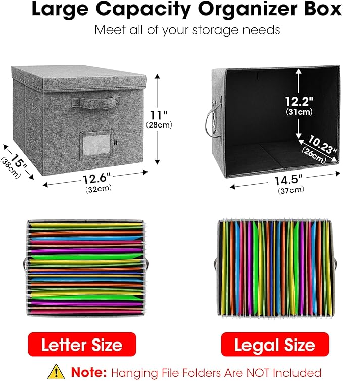 File Organizer Boxes with Lid, Linen Hanging File Storage Boxes with Handle, Collapsible Document Filling Boxes for Letter/Le