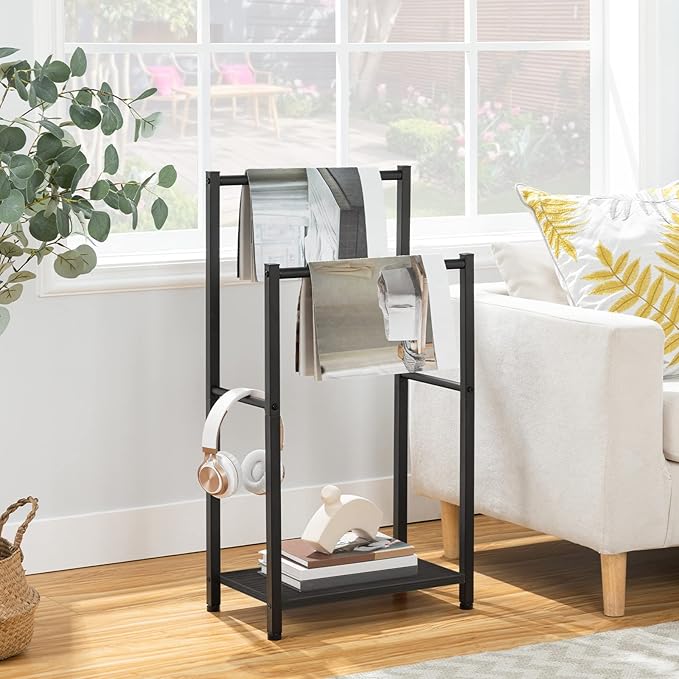 HOOBRO Free Standing Towel Rack for Bathroom, 16.5" L x 9.4" W x 31.5" H, 2 Tier Blanket Rack, Blanket Holder, Drying and Dis