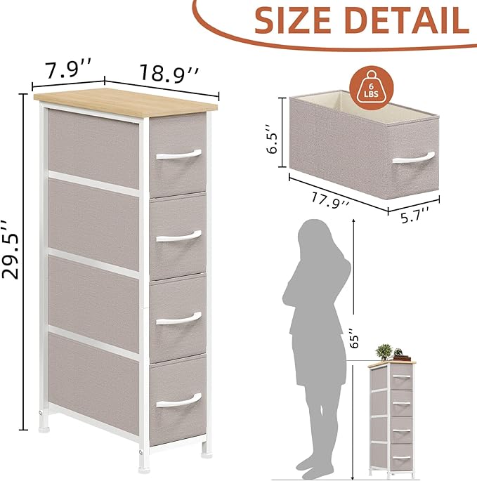 Somdot Narrow Dresser with 4 Drawers, Slim Storage Organizer Chest of Drawers with Removable Fabric Drawers for Small Spaces 