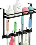 Broom Holder Over The Door Over Door Broom and Mop Rack Over The Door Hooks Organizer With4 Slots & 3 Hooks 1 Storage Basket 