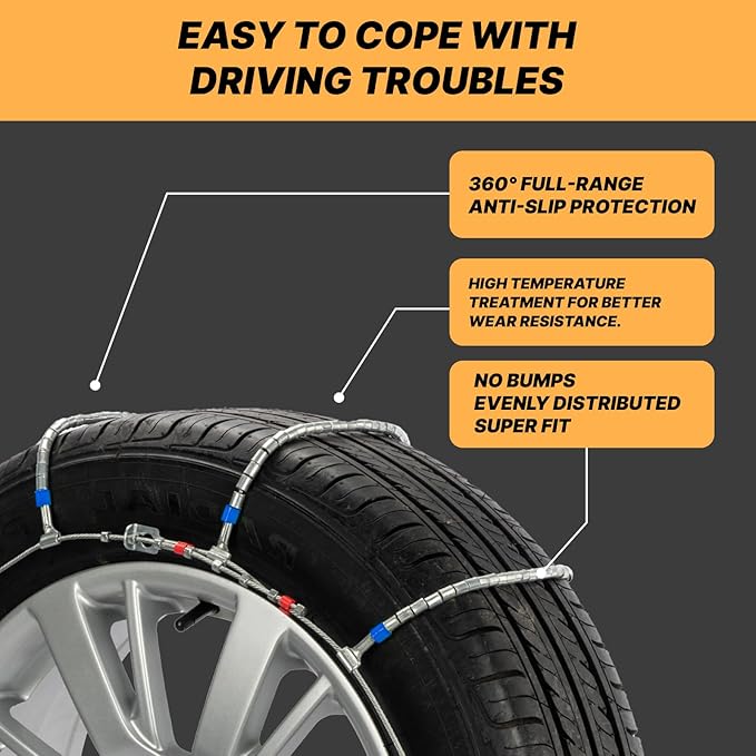 Snow Chains for Car Tires, Tire Chains for Passenger Cars, Sedan, SUVs, Quick Fit & Easy Installation, Portable Reusable Emer