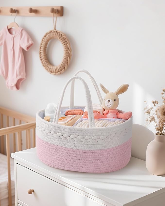 Maliton Diaper Caddy for Baby Girl-Cotton Rope Diaper Caddy, Diaper Organizer for Changing Table, Portable Baby Basket for St