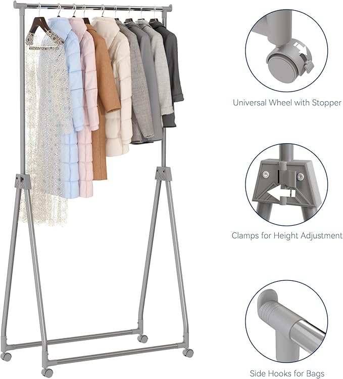 Whitmor Foldable Garment Rack - Rolling Clothes Rack - Adjustable Height Garment Rack, Heavy Duty Foldable Clothes Rack with 