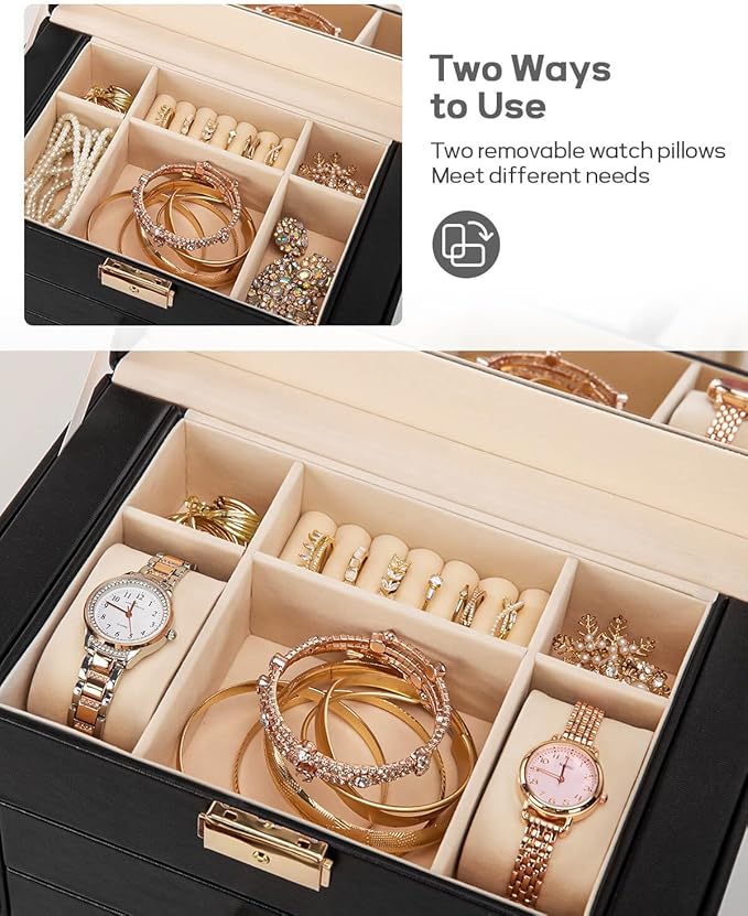 Homde Synthetic Leather Huge Jewelry Box Mirrored Watch Organizer Necklace Ring Earring Storage Lockable Gift Case (Black + G