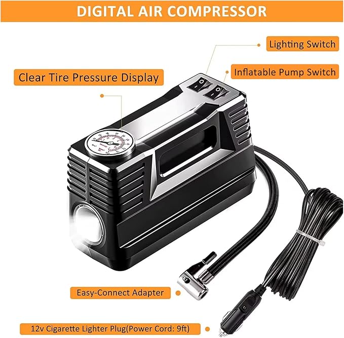 AUTODECO 98 PCS Roadside Car Emergency Assistance Kit with Portable Air Compressor Jumper Cables Safety Hammer All in One Pli