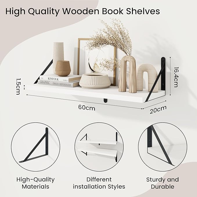 Wall Shelf, Floating Book Shelves with Brackets, 24 inch White Shelves Set of 3, Particle Board Wooden Shelf for Kitchen, Bat