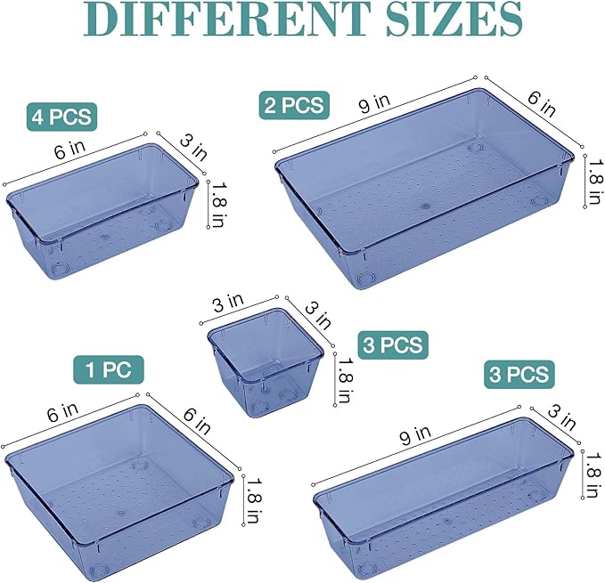 StorMiracle 13 PCS Drawer Organizer Set, 5 Varied Size Bathroom and kitchen Drawer cabinet organizer Trays, Clear Storage Bin