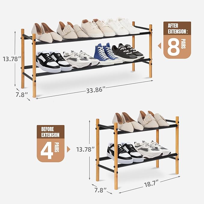 STORAGE MANIAC Expandable Shoe Rack, 8 Pairs Stackable Small Shoe Rack, Metal Adjustable Shoes Organizer for Closet, Entryway