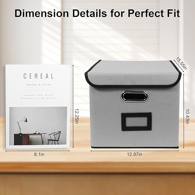 File Storage Box with Lid, 15.55x12.87x10.43 Inches, Foldable Organizer with Handles & Label Slot, for File Storage, Home, Of