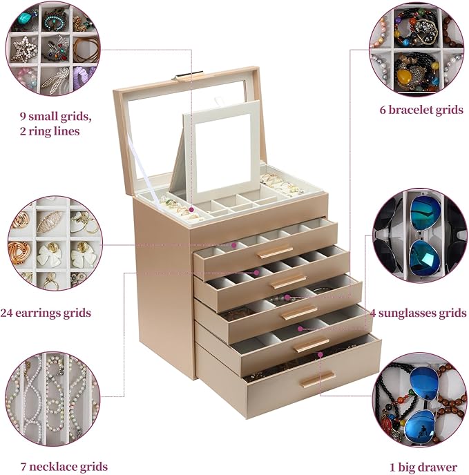 BOOVO Jewelry Boxes for Women, White and Black 6 Layer Large Jewelry Box for Necklace, Bracelet, Earrings, Rings Storage, Jew
