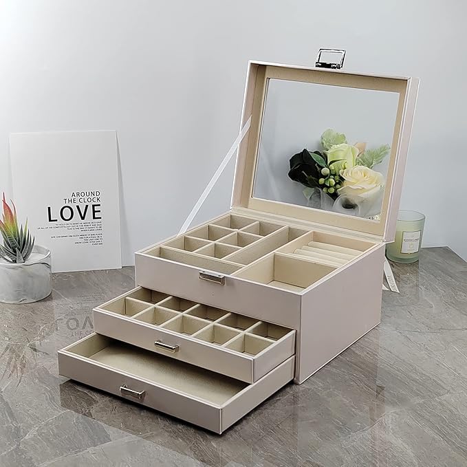 Clear Lid Jewelry Box,3 Layers Jewelry Organizer Large Multi-Functional Jewelry Storage Box with 2 Drawers,Jewelry Display Ca