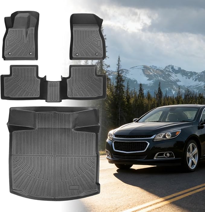 Floor Mats for Chevy Malibu 2013 2014 2015, Also for 2016 Chevrolet Malibu Limited, 8th gen Malibu Floor Mats for Malibu LS LT LTZ Eco, 1st & 2nd Row & Cargo Liner, TPE Anti-Slip Waterproof Duty