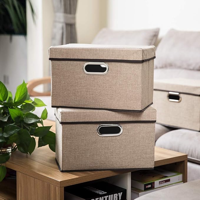 PRANDOM Collapsible Storage Cubes with Lids [1-Pack] Jute Fabric Foldable Storage Boxes Organizer Containers Baskets Bins wit