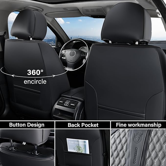 Coverado Car Seat Covers Full Set, Nappa Leather Seat Covers for Car, Waterproof Car Seat Protector with Lumbar Support, Auto