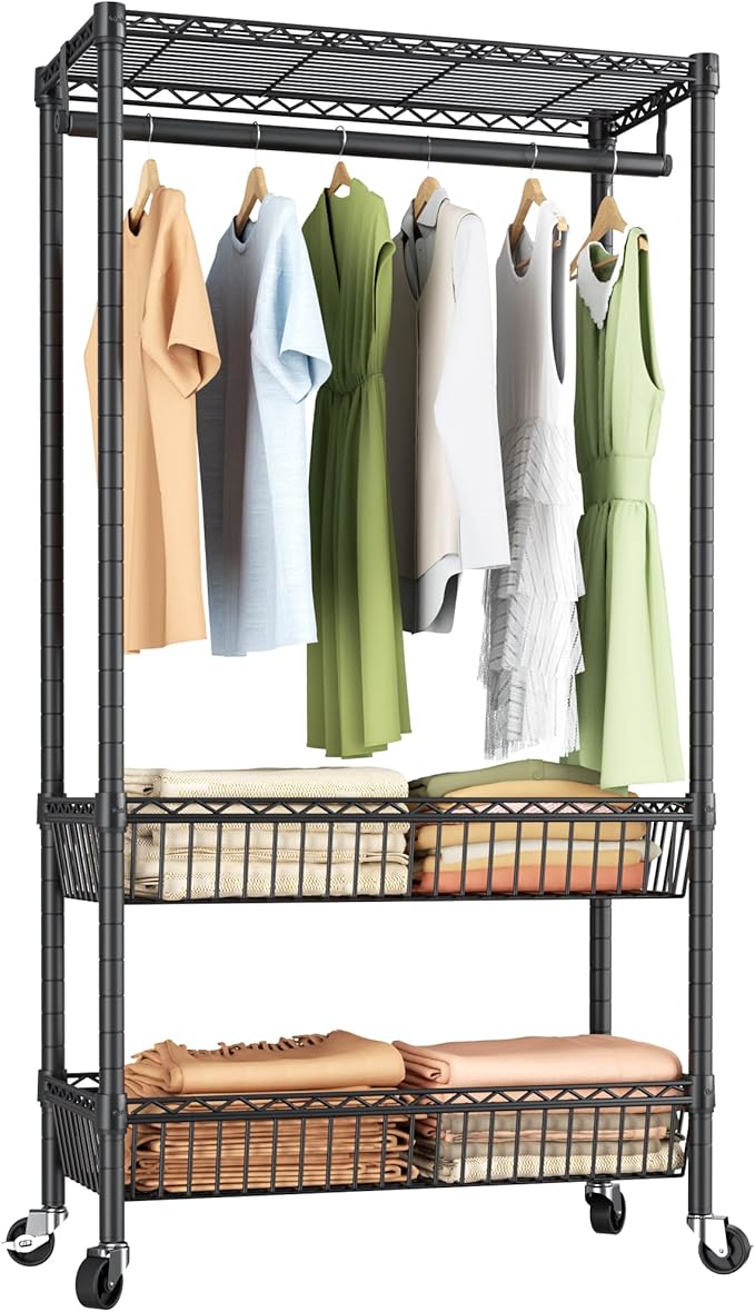 Heavy Duty Clothes Rack Rolling Garment Rack,3 Tier Adjustable Wire Shelving Clothing Racks for Hanging Clothes with Double R