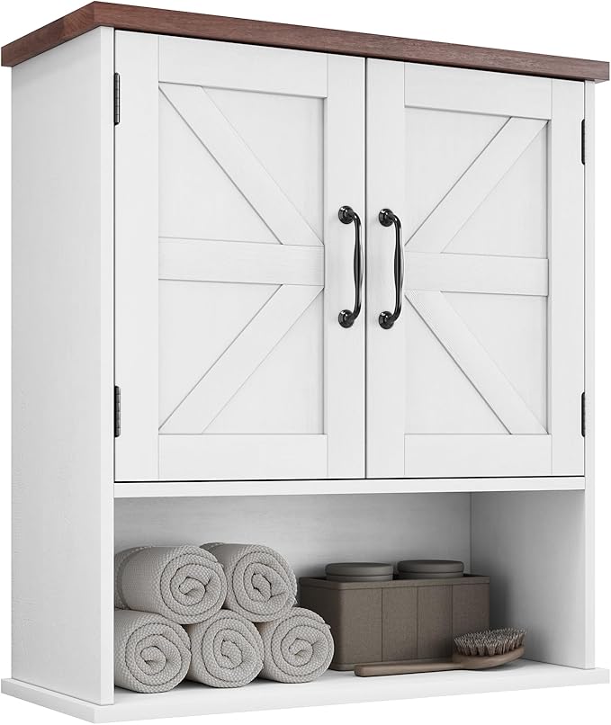 Bathroom Wall Cabinet with Barn Doors, Wall Mounted Bathroom Cabinet, Farmhouse Style, Adjustable Shelf, Wall Mounted Medicin