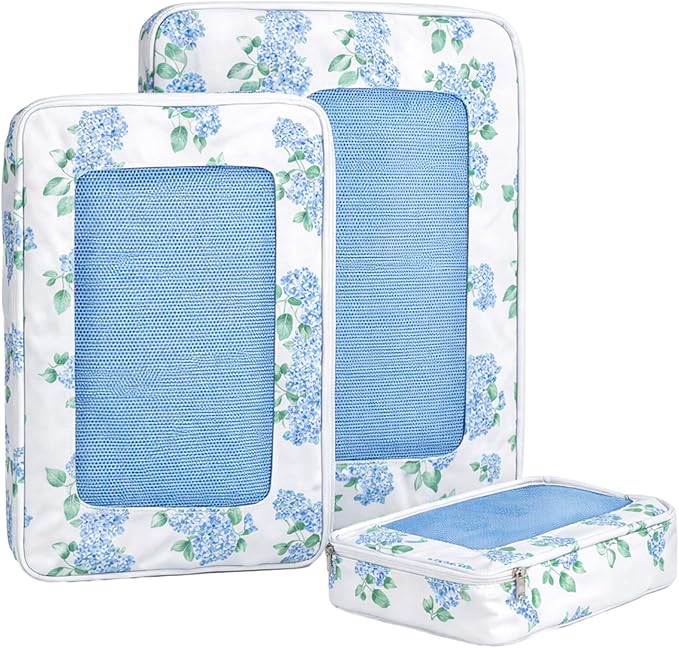 Shinylin 3 Set Blue Floral Compression Packing Cubes for Travel Small Medium Large Luggage Packing Organizers Toiletries Bag 