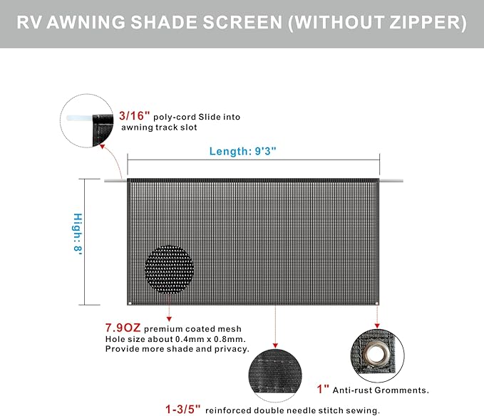 RV Awning Shade Screen Without Zipper 8'x9’3’’,Black Mesh RV Awning Sun Shade Screen,Universal Trailer Camper RV Awning Screen with Complete Kit,Significantly Improves Shadow and Privacy