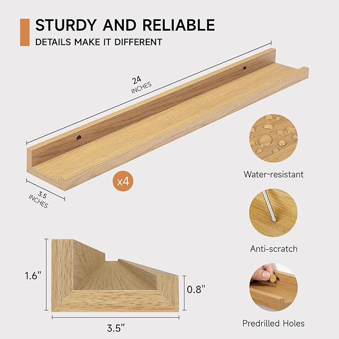 Fun Memories Picture Ledge Shelf for Wall, Floating Shelves Set of 4, 24 Inch Long Nursery Book Shelves for Toys Storage, Kid
